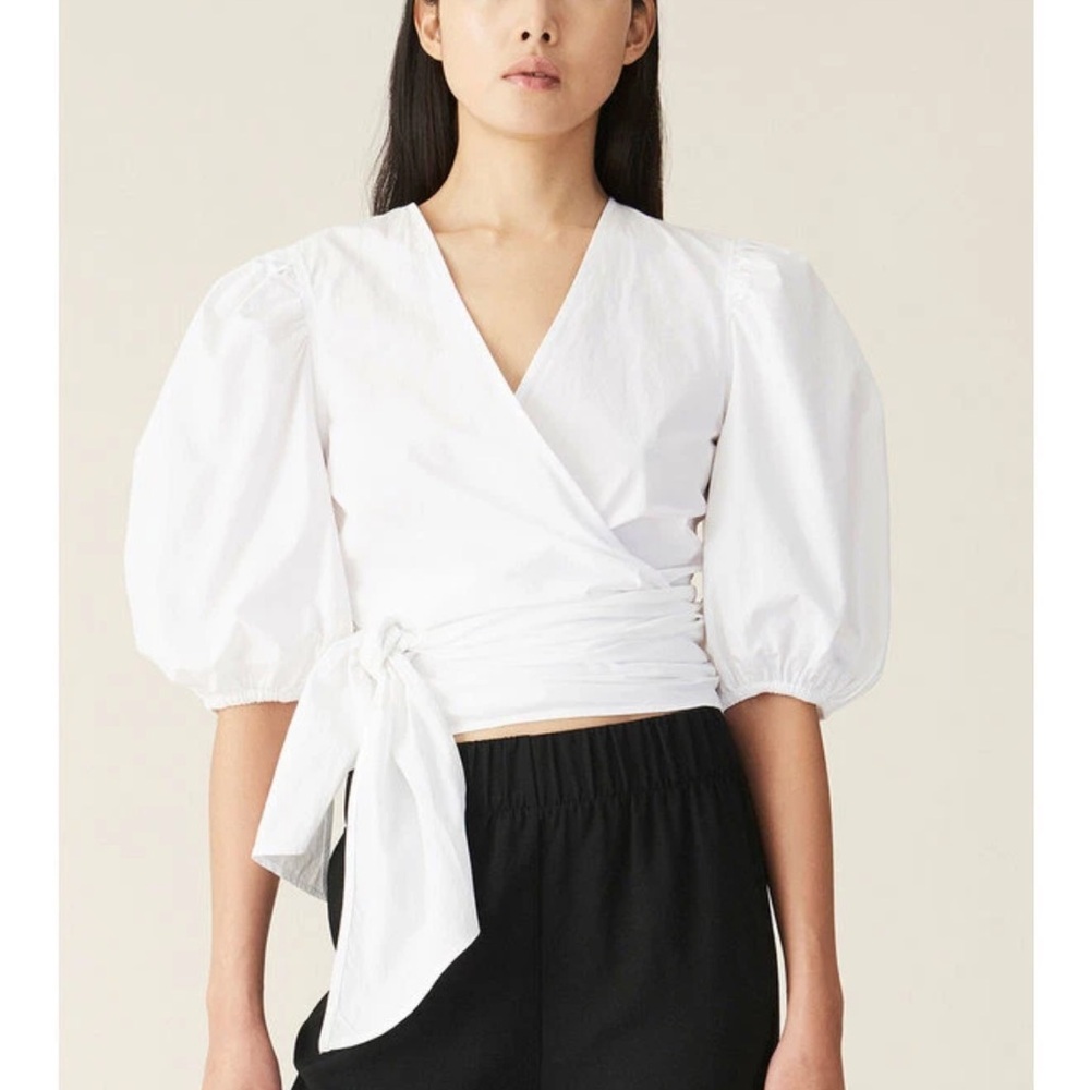 Ganni balloon sleeve wrap top